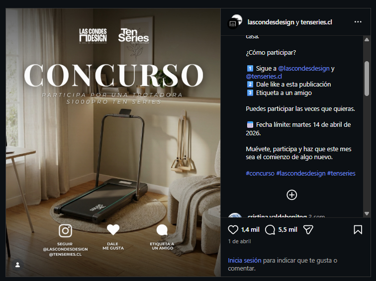 Referencia de sorteo en Instagram: concurso de Las Condes Design y Ten Series con mecánica seguir, dar like y etiquetar